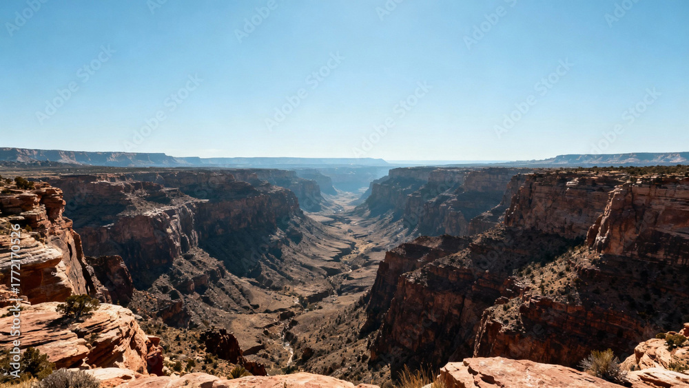 Obraz premium A wide shot of a vast, empty canyon under a clear sky, conveying immense space. travel magazines, destination branding, designed for travel destination branding, inspires travel planning.