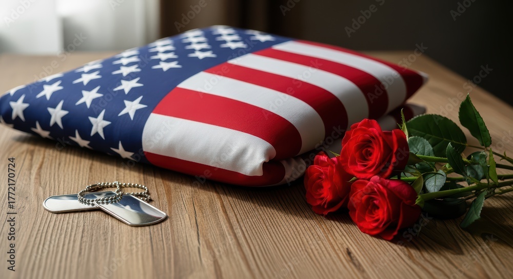 Obraz premium American Flag Pillow with Red Roses and Dog Tags.