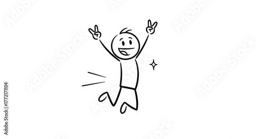 Happy Stick Figure Jumping with Joy and Victory Pose Illustration