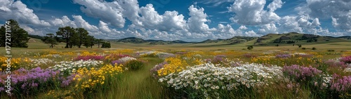 Summer meadow landscape with blue sky, white clouds and colorful wildflowers, green grass field with distant mountains and trees, nature scene, wide angle view, vibrant colors
