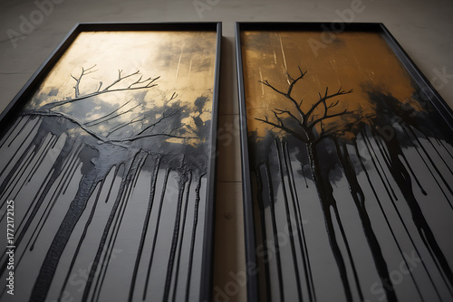 Abstract diptych featuring gold and black paint with tree branch motifs and dripping effects