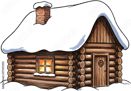 Cozy log cabin covered in snow with warm light glowing from the window pane