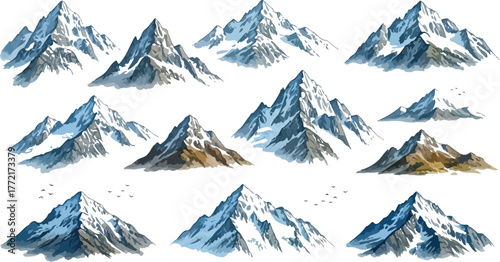 Watercolor painting of majestic mountain peaks with snow against a white backdrop