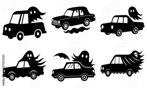 Spooky spectral cars with ghostly apparitions driving through the night, perfect for Halloween and supernatural themes