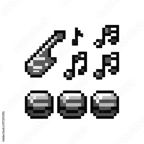 Music-themed pixel art. Musical notes. Instruments. Game style. RPG. Icon. Typ