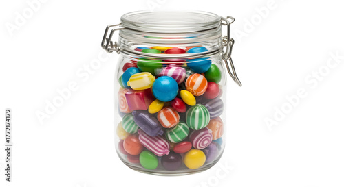 Canvastavla Glass jar filled with colorful candies isolated on transparent background, a swe