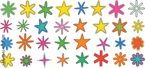Colorful star shapes arranged in rows on a white background for festive designs