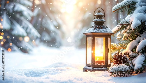 Candlelit lantern in a snowy winter forest scene with pine branches