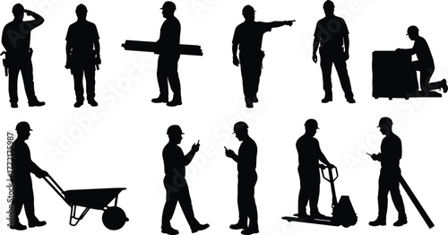 Silhouettes of construction workers with tools and equipment builder laborer