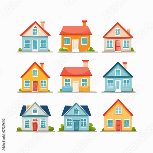 A charming collection of nine colorful cartoon houses and suburban homes, vector illustration set for real estate and neighborhood concepts