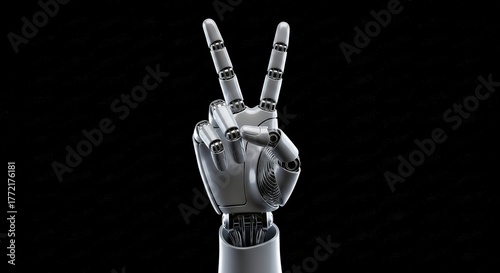 Robotic Hand Making Victory Peace Sign Gesture on Black Background