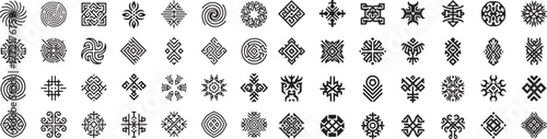 Collection of tribal geometric symbols and ornamental ethnic patterns in black vector style with abstract decorative elements and symmetrical shapes. 
