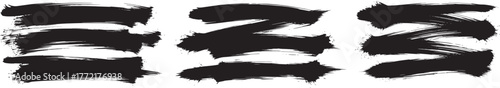 Set of black brush stroke textures with rough edges and expressive ink marks isolated on white background. Concept of abstract art, grunge creativity, and textured design elements