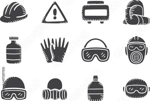Set of safety equipment icons for industrial and construction work