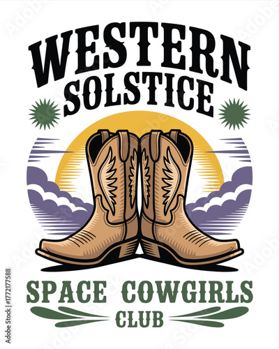 Wild West Cowgirl Vector Illustration – Hand-drawn desert landscape featuring a cowgirl, ideal for Western-inspired clothing, summer prints, and rustic design projects.