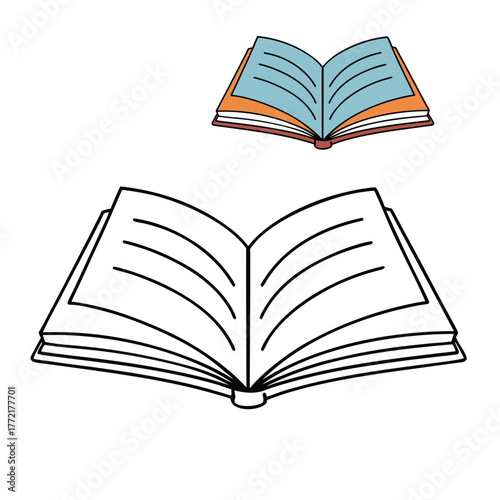 An open book coloring page, showing pages fanned out, ready to explore, with space for creative coloring and imagination to bring stories and ideas to life.
