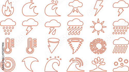 Disaster, weather hazard line icon set. Vector pictograms of natural and environmental calamities, wildfire, earthquake, tornado, flood, tsunami, volcanic eruption, blizzard thin linear illustration.