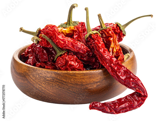 Whole Dried Chili Peppers in Wooden Bowl Isolated on White
