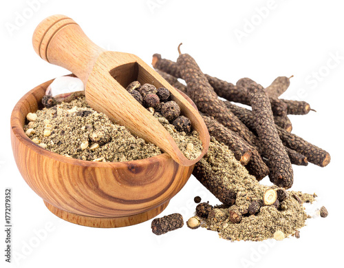 Dried Long Pepper Spice in Wooden Bowl and Scoop