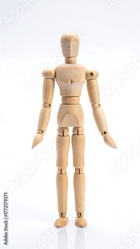 Jointed wooden figure stands on white background, facing viewer