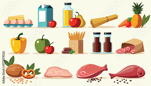 Assorted Food Items and Groceries Collection eggs milk carton