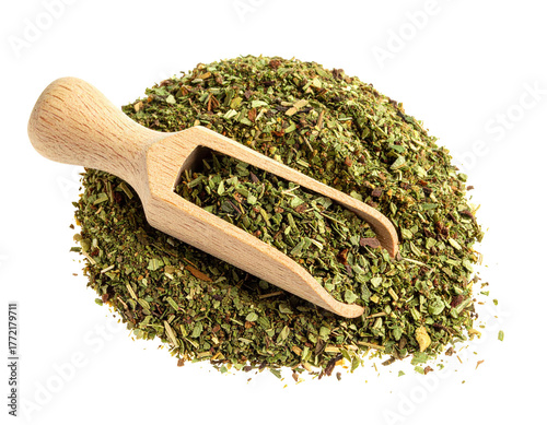 Dried Oregano Leaves with Wooden Scoop Isolated Background