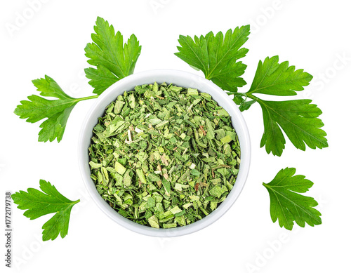 Dried Parsley Flakes in Bowl with Fresh Leaves