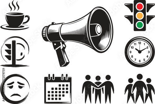 Collection of hand drawn icons representing communication time and social concepts