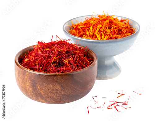 Vibrant Dried Saffron Threads in Bowls