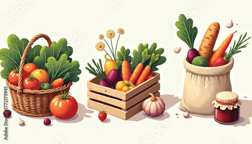 Assortment of fresh vegetables and preserves in baskets and bags