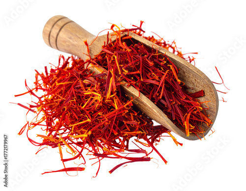 Vibrant Dried Saffron Threads in Wooden Scoop