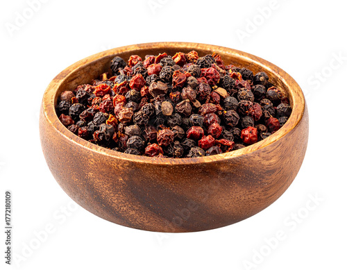 Dried Sichuan Peppercorns in Rustic Wooden Bowl