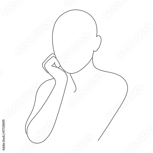 Minimalist line drawing of a person with their hand on their chin isolated on white background