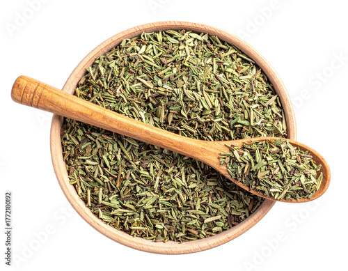 Dried Thyme Sprigs in Bowl with Wooden Spoon
