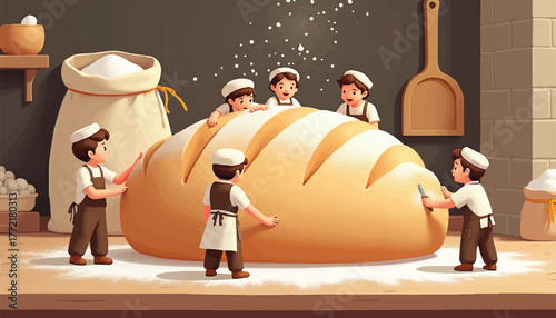 Bakers in aprons shaping a giant loaf of bread baking