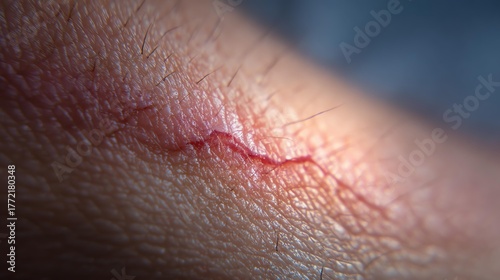 Close-Up of Healing Cut on Human Skin with Detailed Texture