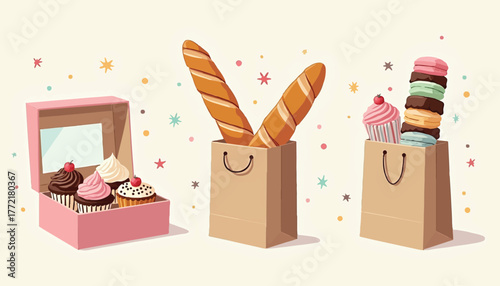 Bakery treats in boxes and bags cupcakes bread