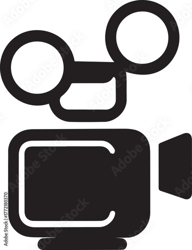 A video camera silhouette style flat and minimal vector icon design illustration on a white background.

