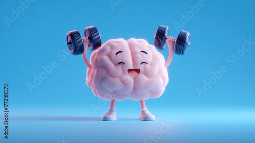 Cute Brain Character Lifting Dumbbells in Bright Blue Background