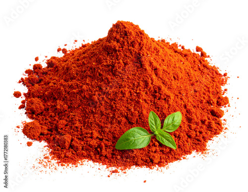 Isolated Ground Paprika Powder with Green Leaves