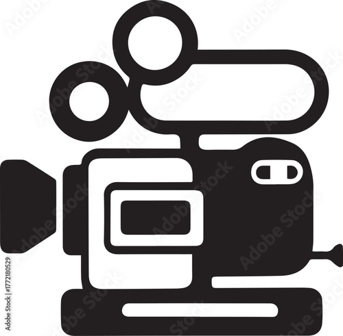 A video camera silhouette style flat and minimal vector icon design illustration on a white background.
