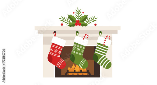 Christmas fireplace with stockings vector illustration festive holiday season home decor design element art