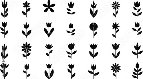 Black silhouette floral and leaf icons Keywords: flower, bloom, blossom, leaf, stem, plant
