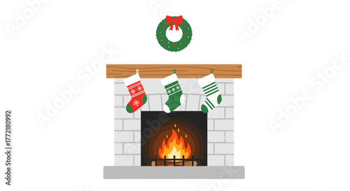 Christmas fireplace with stockings and wreath vector illustration holiday season design festive home decor