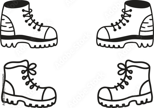 Four hand drawn outline illustrations of hiking boots