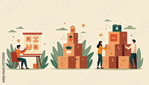 Business Team Assembling Boxes and Puzzle Pieces teamwork