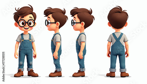 Cartoon boy character in overalls from multiple angles