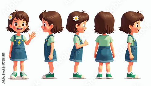 Cartoon girl character turn around sheet vector illustration