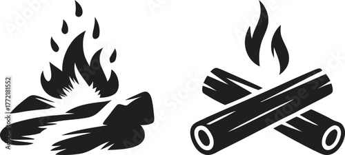 Two stylized black and white illustrations of campfires