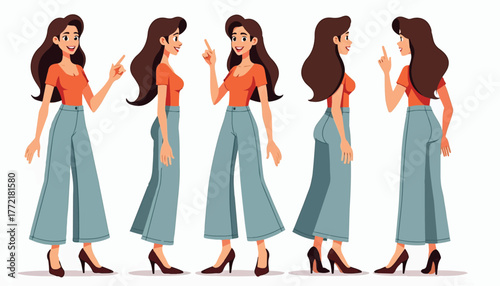 Cartoon woman character in multiple poses illustration